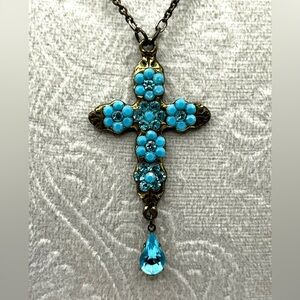 Necklace Floral Cross Michal Negrin Blue Austrian  Crystals Antique Gold Tone